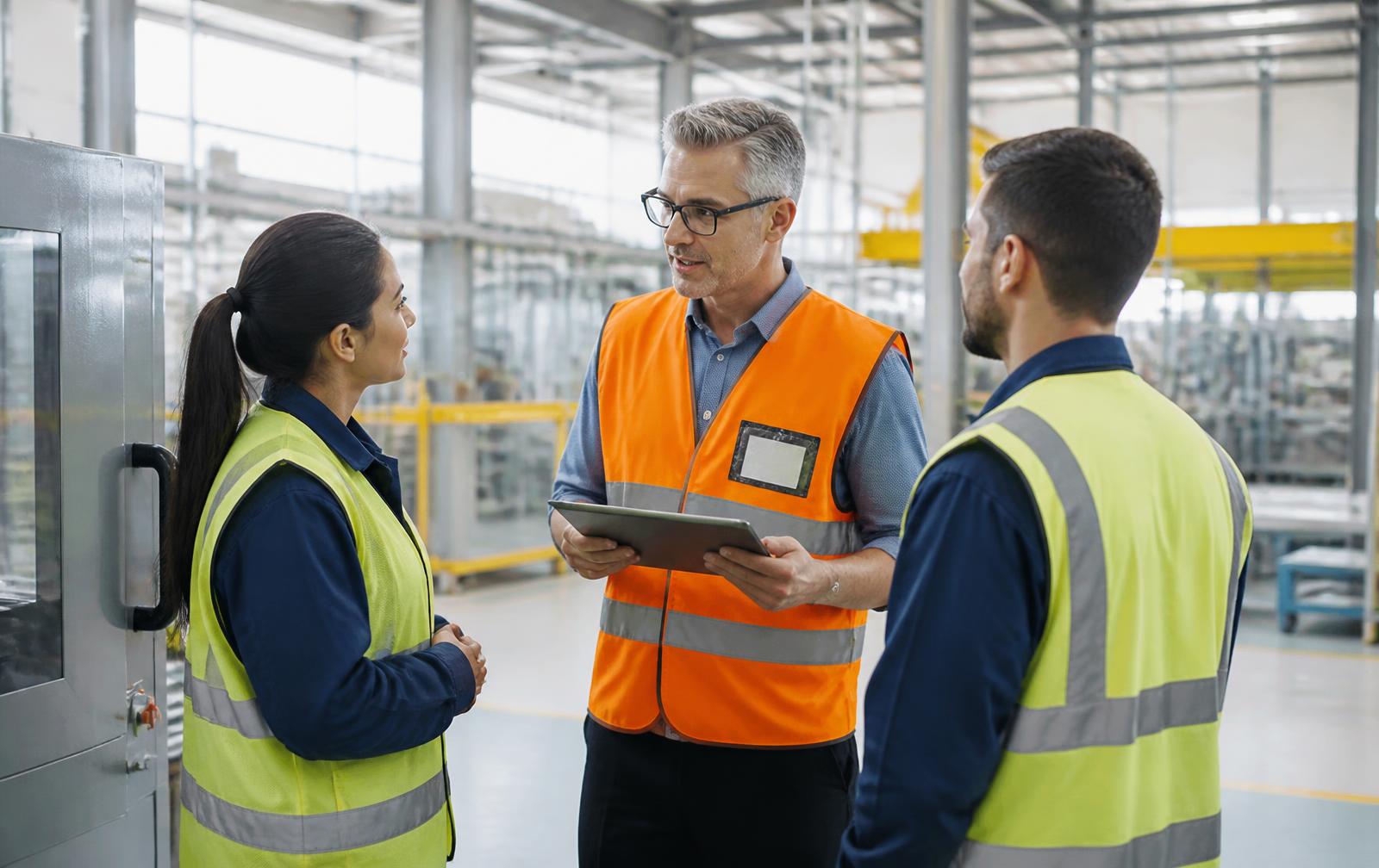 Supervisor reviewing shift compliance with frontline workers